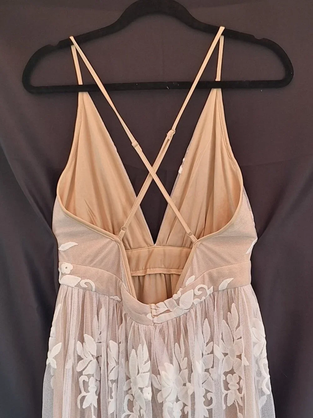 Ethereal Embroidered Lace Maxi Dress Nude Mesh White Floral Open Back L - Picture 2 of 10